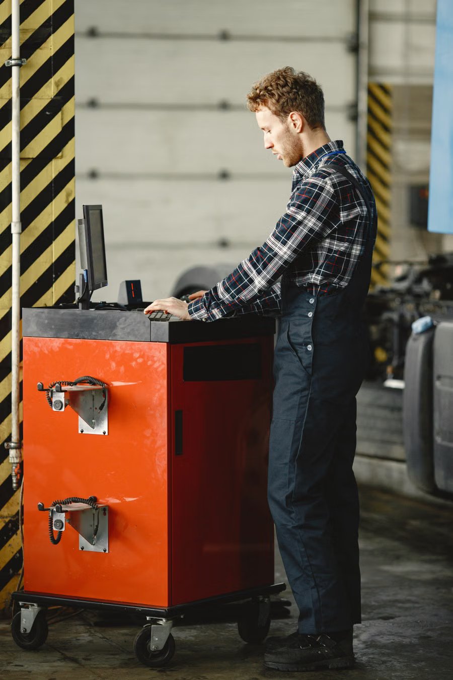 Technician using a wheel alignment machine